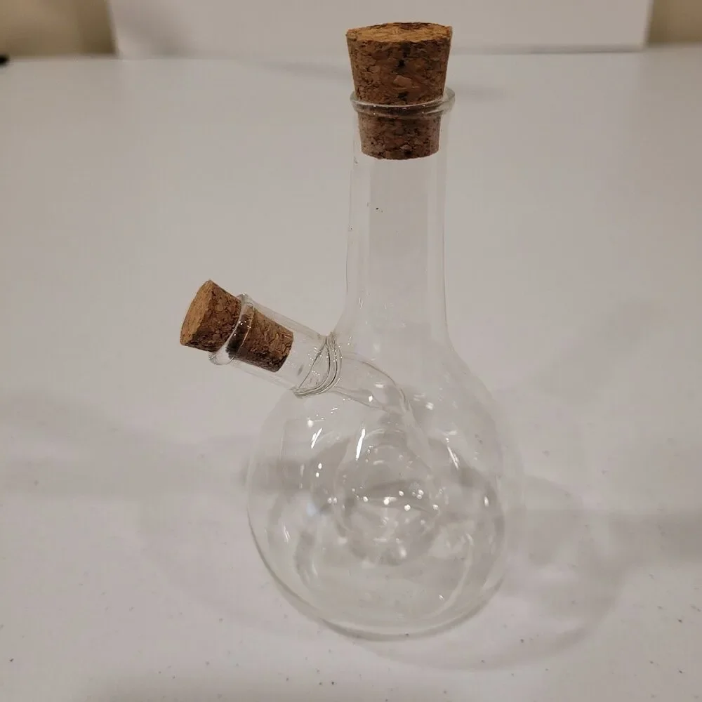 Glass Oil & Vinegar Cruet / Dual Chamber with Cork Stoppers / Glass Insert